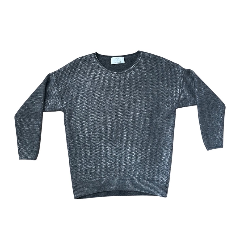 Allude Cashmere merino Wool metalic gray crewneck knit sweater Small